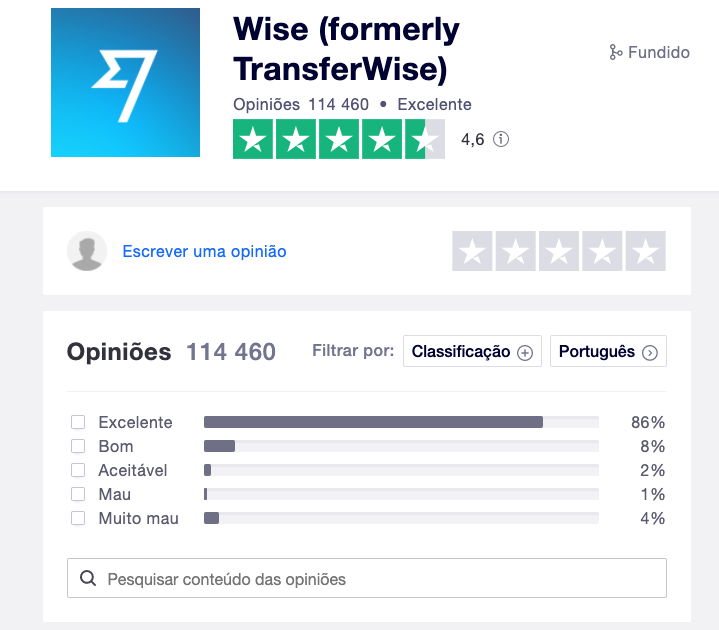 TrustPilot transferwise avaliacao