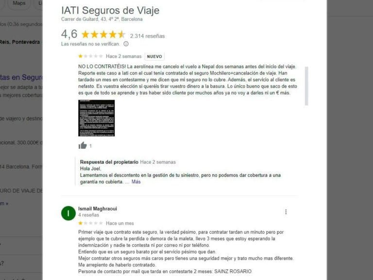 Opiniones negativas de IATI seguros en Google