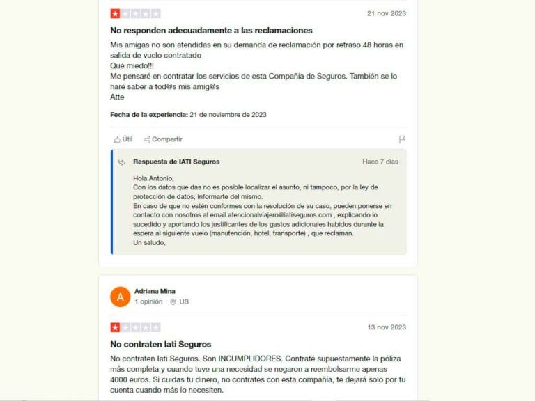 Opiniones negativas de IATI seguros en TrustPilot