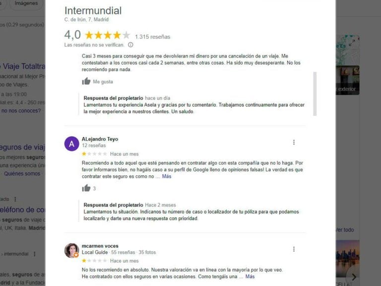 Opiniones negativas de InterMundial en Google