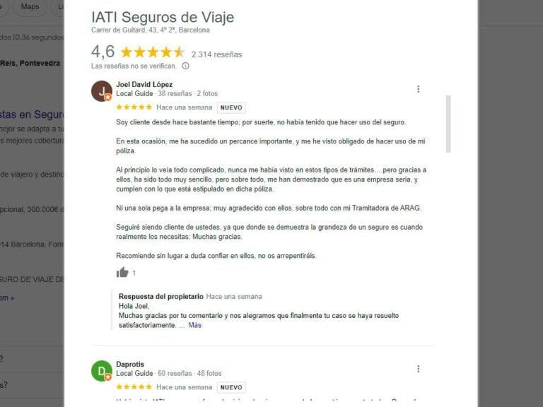 Opiniones positivas de IATI seguros en Google