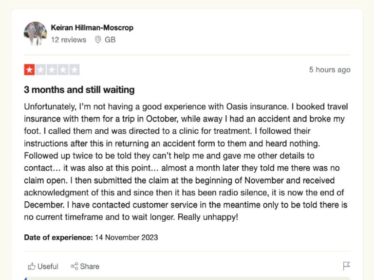 Oasis insurance review Trustpilot 3