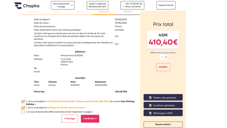 Confirmez vos informations puis acceptez les modalités. Ensuite, cliquez sur "Confirmer".